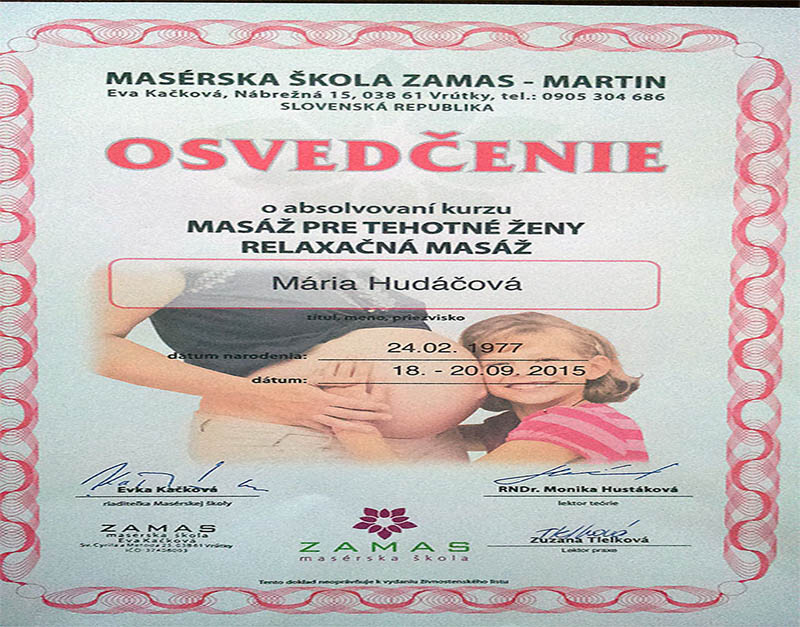 Certifikát - masáž v tehotenstve